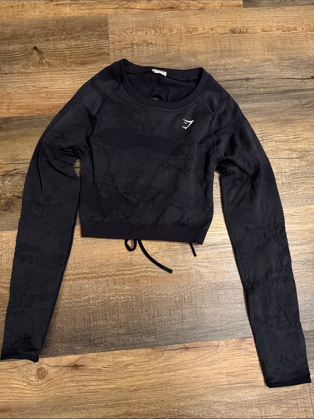 Gymshark Women’s Black Camo Adapt Long Sleeve Cropped Athletic Top with tie back